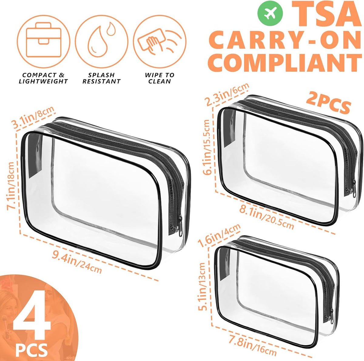 AURUZA Clear Makeup Bag,Portable Travel Toiletry Bags with Zipper, TSA Approved Clear Organizer Bags, PVC Cosmetic Pouch