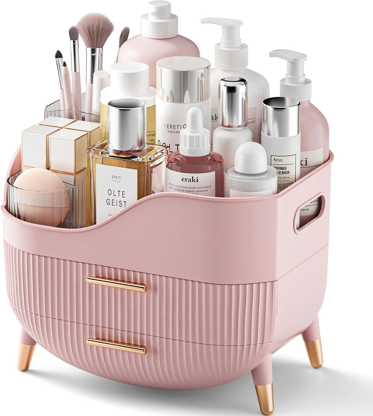 Pajiriona Makeup Organizer with Drawers, Green Skincare Organizer for Vanity, Storage Box with Handle, Large Cosmetic Di