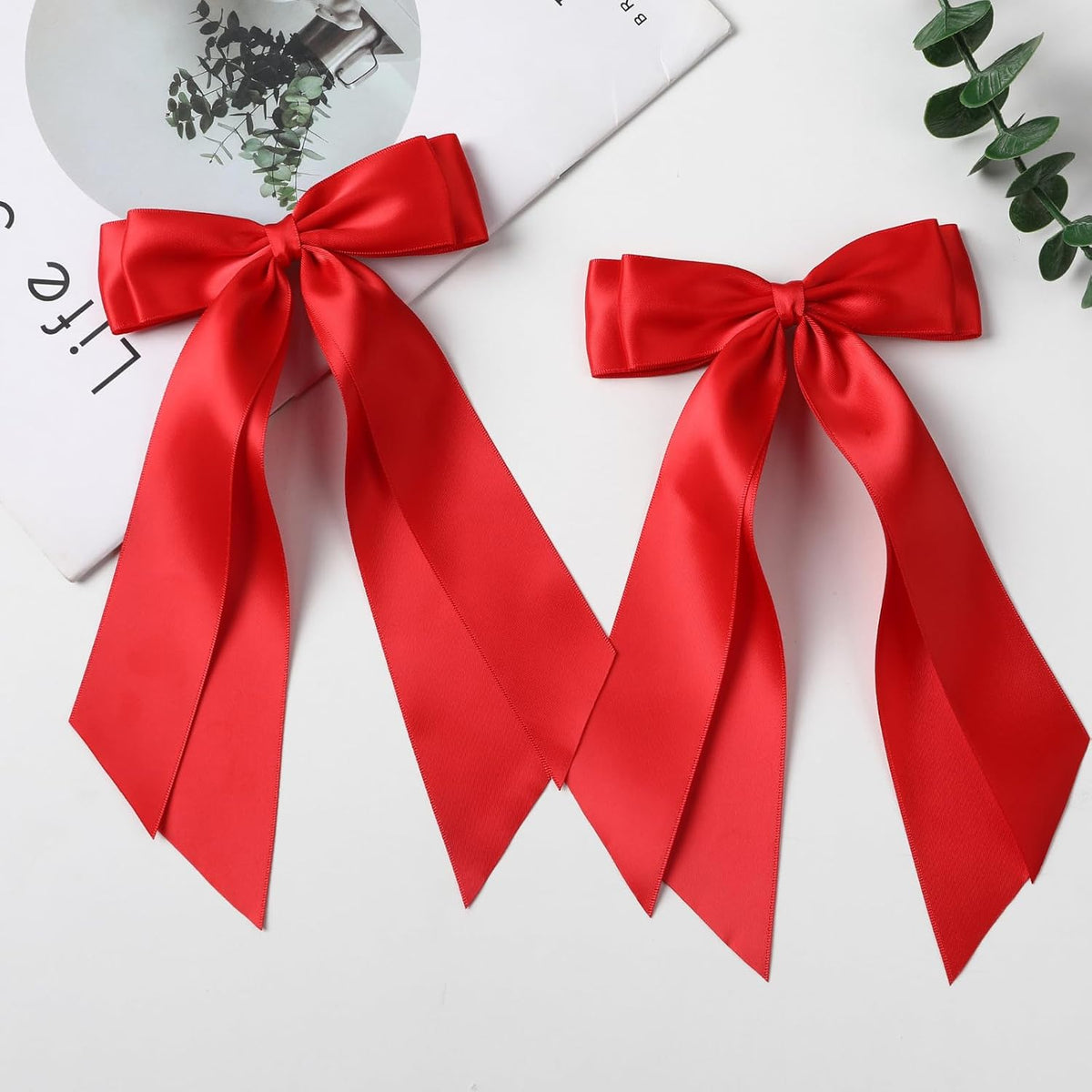 2 PCS Double Layer Hair Bows Red Hair Ribbon Clips Ponytail Holder Accessories for Women Girls Toddlers Teens Kids