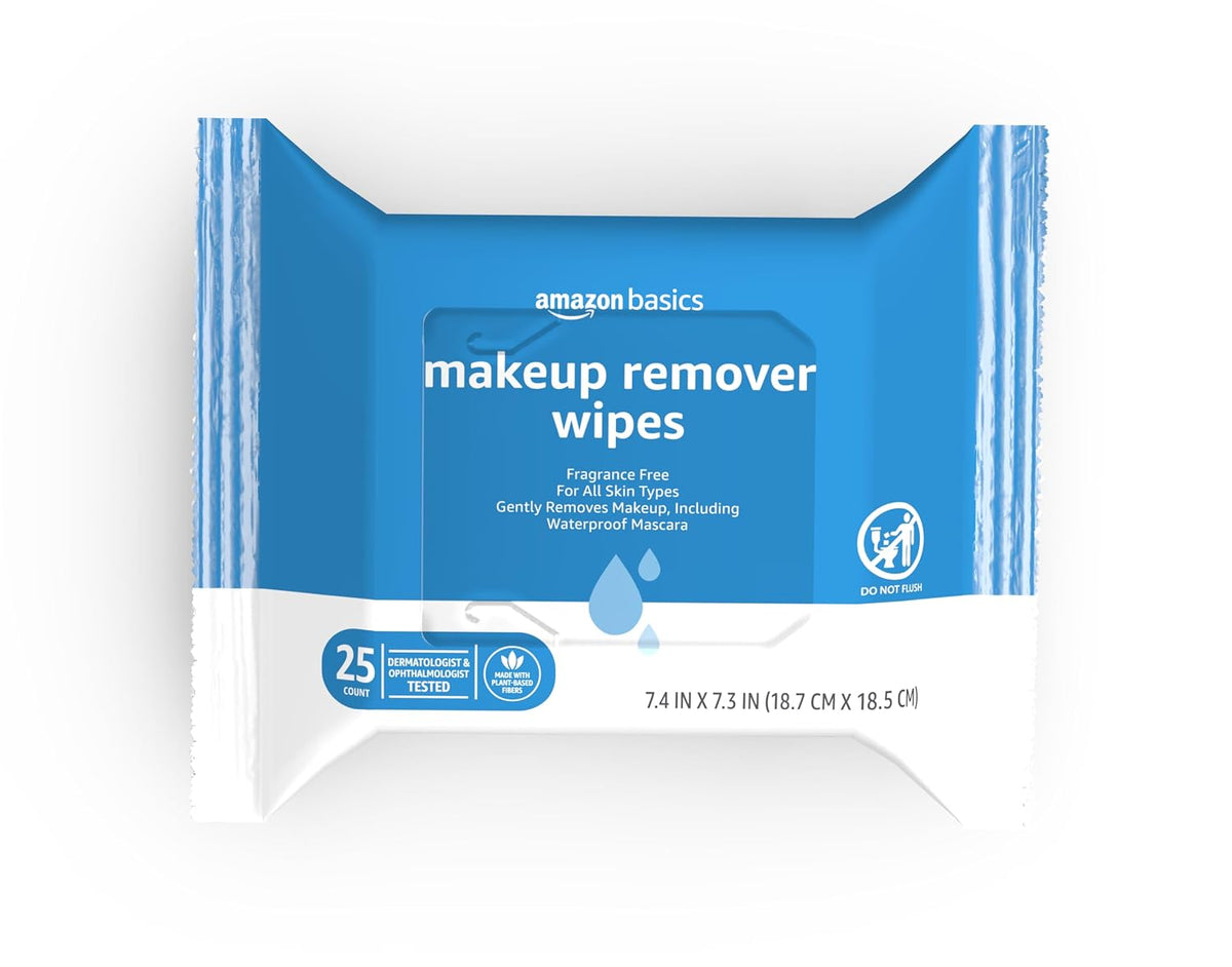 Amazon Basics Makeup Remover Wipes, Formulated without Fragrance and Alcohol-Free, Gentle Cleansing, Removes Waterproof 