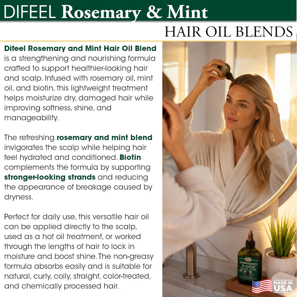 Difeel Rosemary and Mint Hair Oil Blend with Biotin 7.1 Ounce - Strengthening Scalp & Hair Treatment Oil Blend, Nourishe