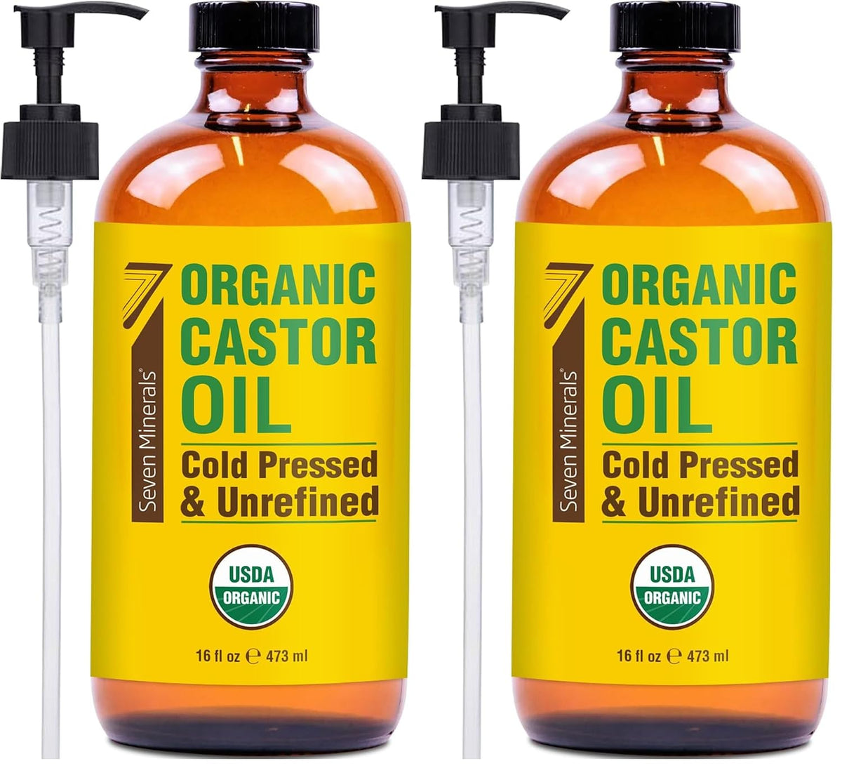 Seven Minerals USDA Organic Castor Oil - Big 16 oz Glass Bottle with Pump - 100% Pure Cold Pressed Unrefined Hexane Free