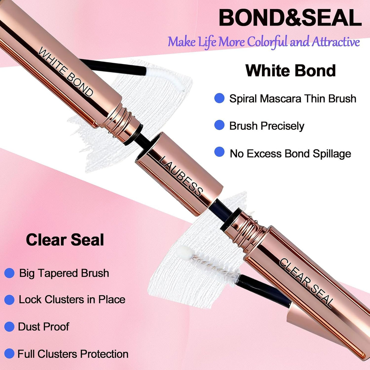 Lash Bond and Seal Lash Glue Waterproof LAUBESS 2-IN-1 Cluster Lash Glue for Eyelash Clusters 72H 10ml (White/Clear)