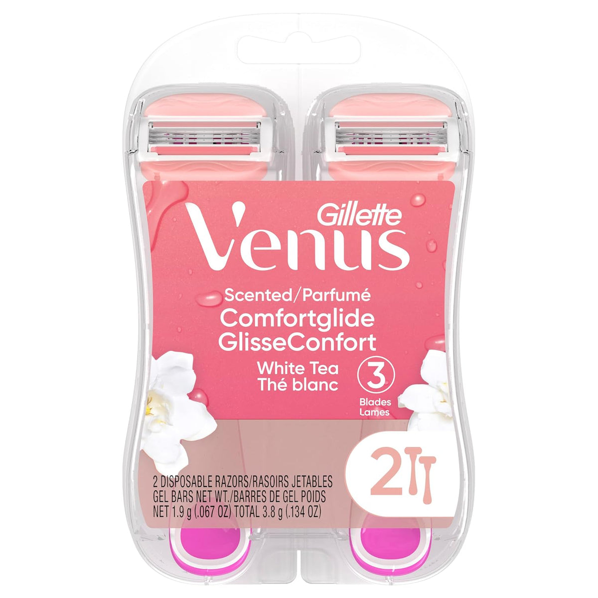 Gillette Venus ComfortGlide Disposable Razors for Women, 2 Count, White Tea Scented Moisture Bars for a Smooth Shave