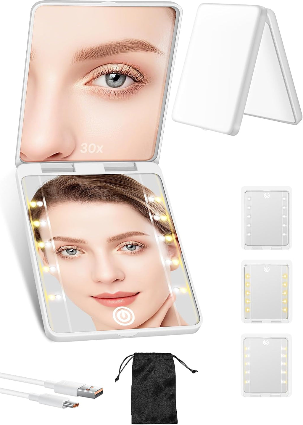 Compact Mirror, Rechargeable Magnifying Makeup Mirror with Light 30X Pink