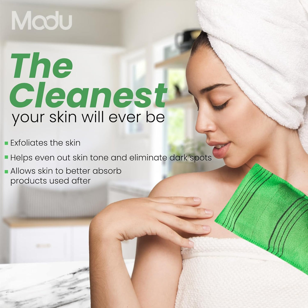 Modu Korean Exfoliating Mitts Large 4PCS (Green, Yellow, Sky Blue, Pink) – Exfoliating Gloves Body Scrubber Italy Towel 