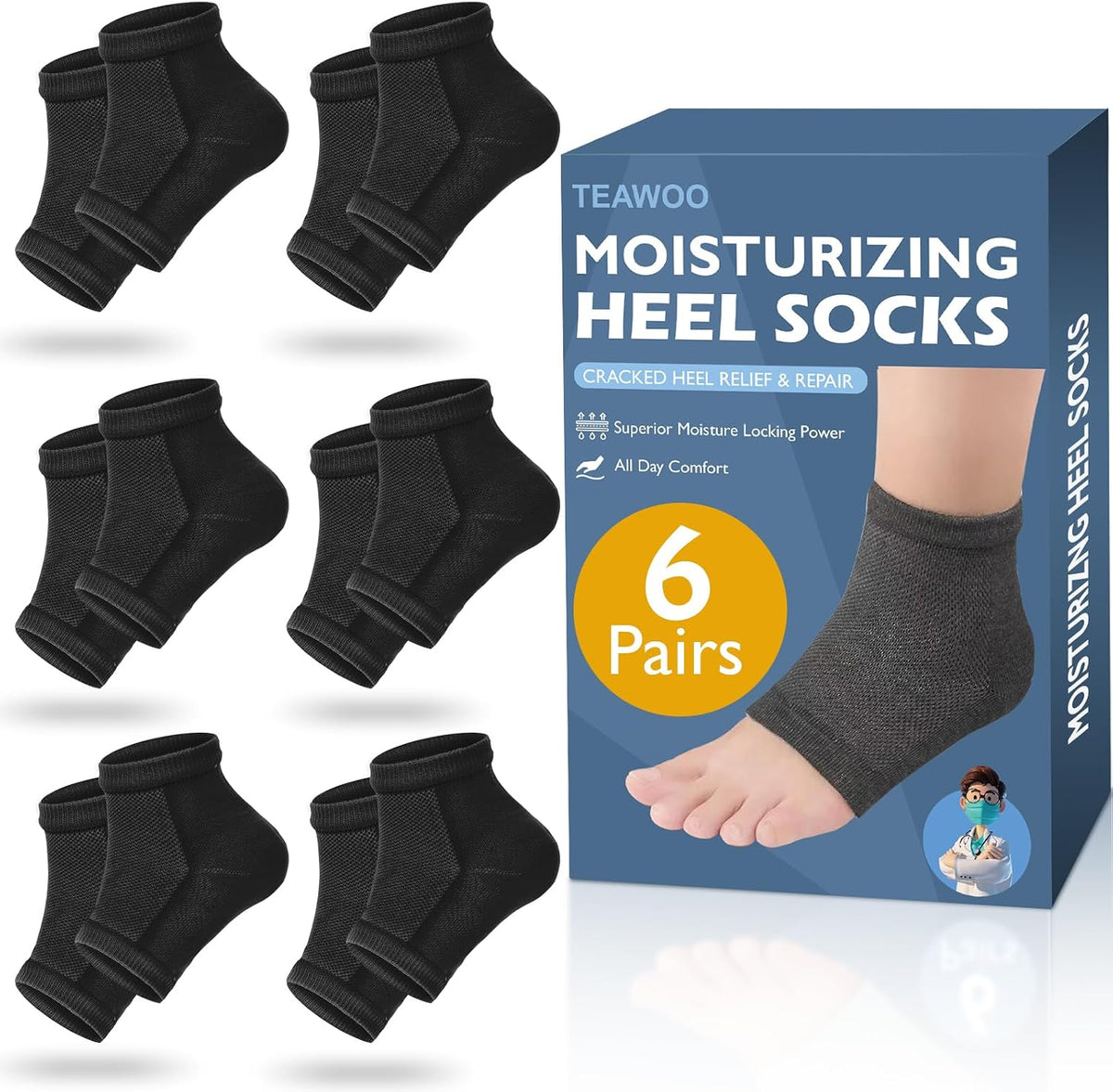 TEAWOO Moisturizing Heel Socks - 6 Pairs for Dry Cracked Feet