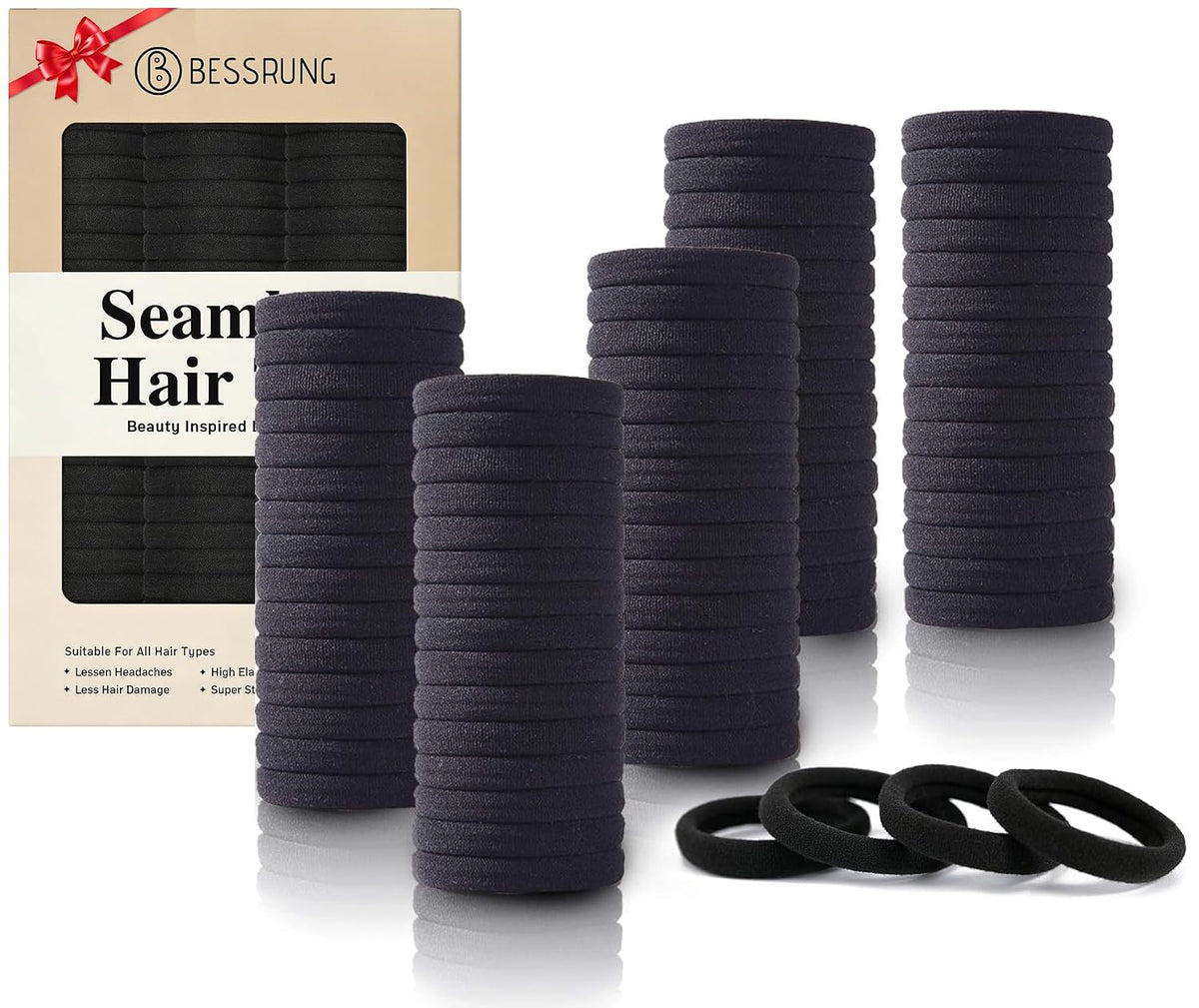 Bessrung 100PCS Black Seamless Elastic Hair Ties No Damage for Women Girls