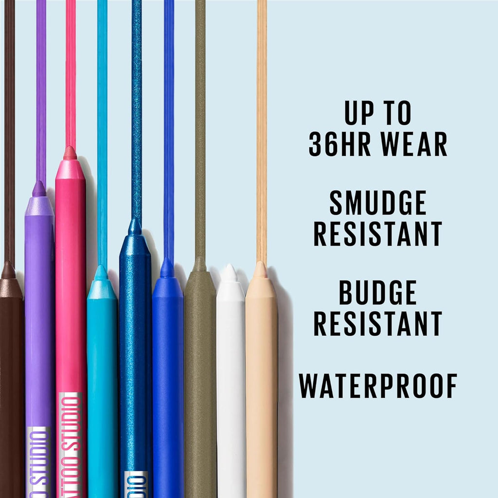 Maybelline TattooStudio Long-Lasting Sharpenable Eyeliner Pencil, Glide on Smooth Gel Pigments with 36 Hour Wear, Waterp