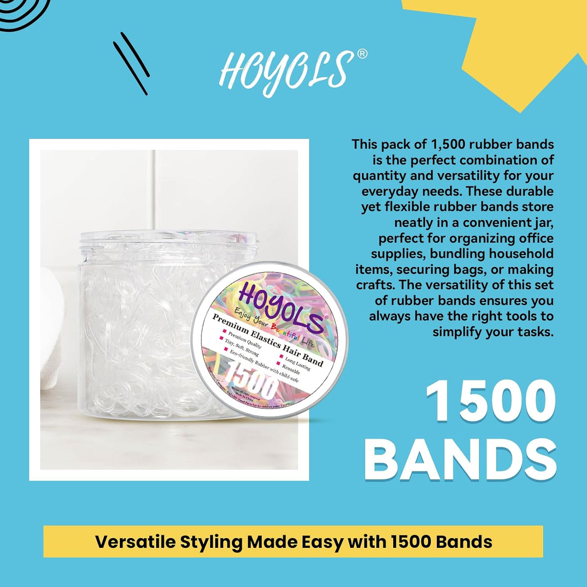 HOYOLS Clear Hair Ties, 1500 Pcs Small Elastic Rubber Bands