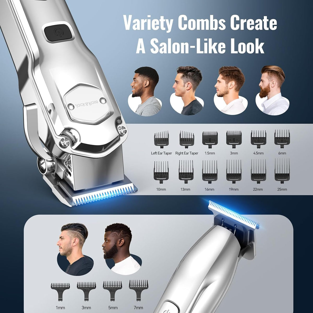 Jack & Rose Hair Clippers for Men Set Professional, Cordless Men Hair Trimmer, Electric Shavers, Barber kit, 4 in 1,LED 