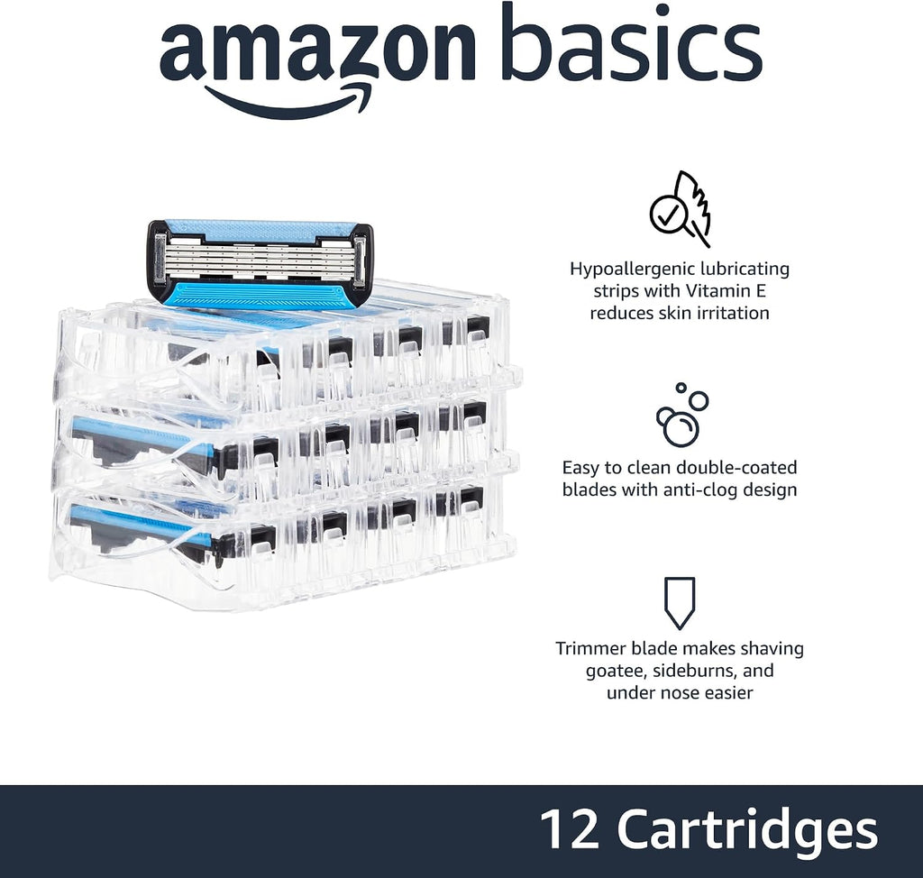 Amazon Essentials 5-Blade Razor Refills for Men with Dual Lubrication and Precision Beard Trimmer, 12 Cartridges (Fits A