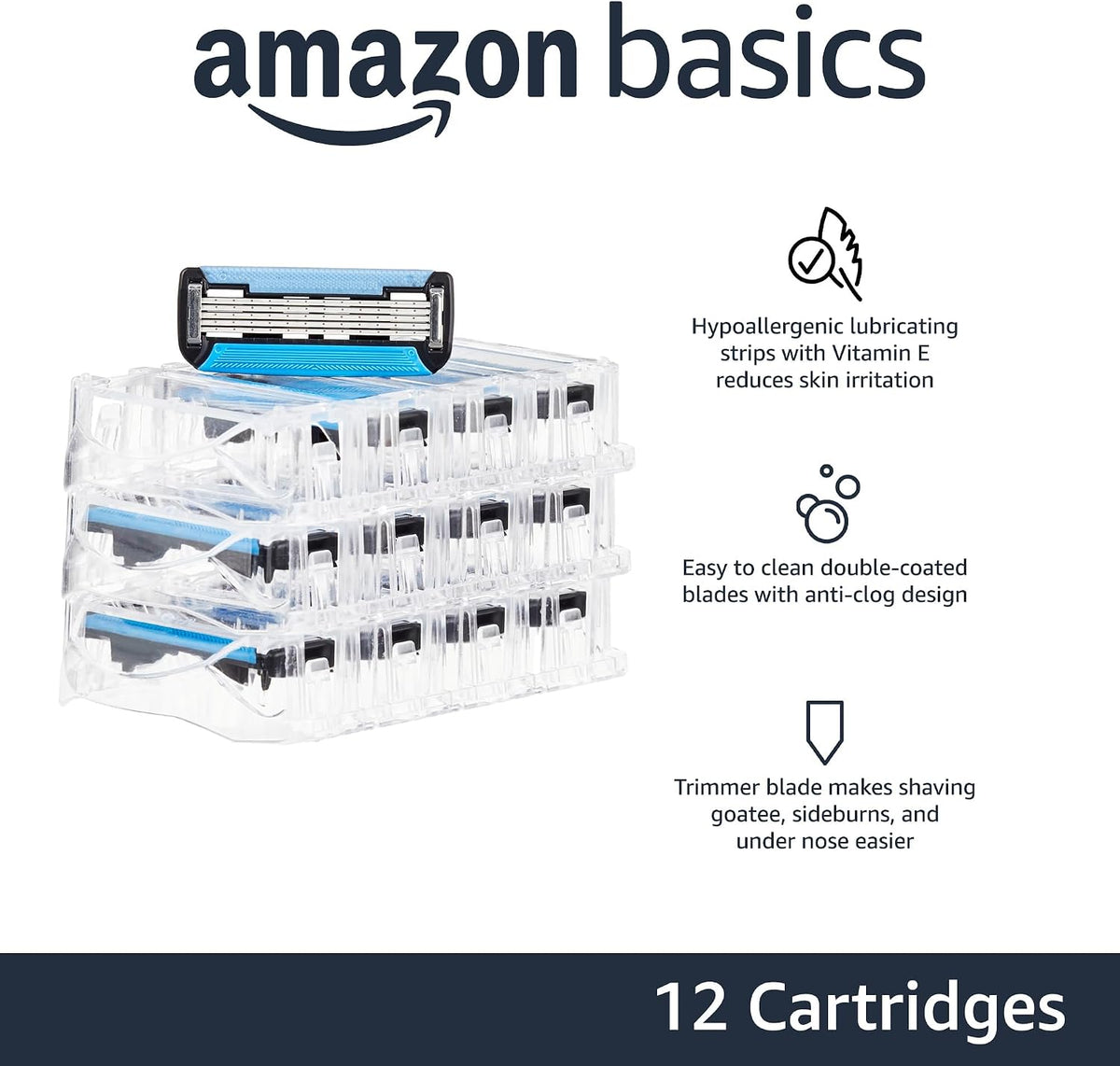 Amazon Essentials 5-Blade Razor Refills for Men with Dual Lubrication and Precision Beard Trimmer, 12 Cartridges (Fits A