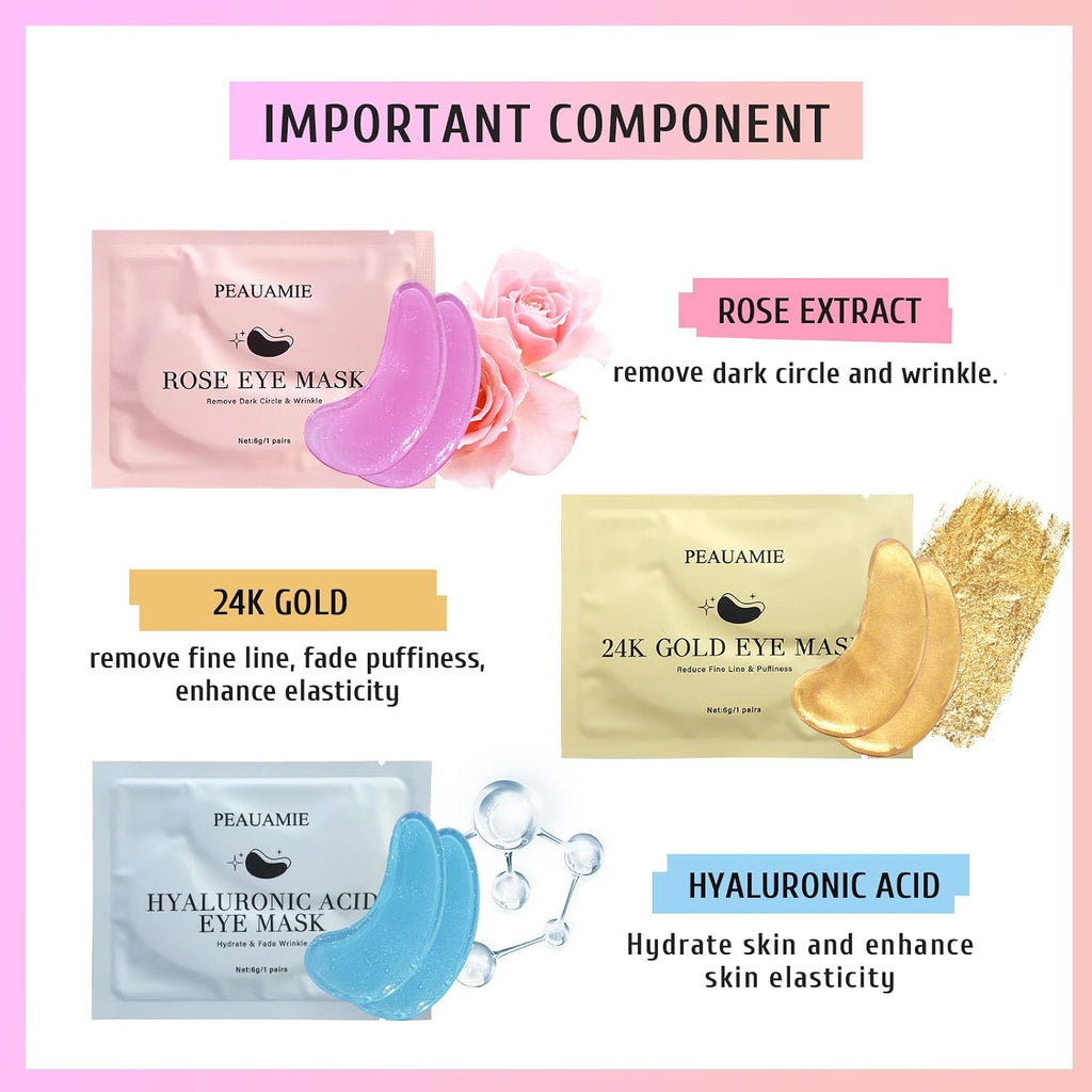 PEAUAMIE Under Eye Patches Gold and Hyaluronic Acid for puffy eyes,Rose Eye Masks for Dark Circles and Puffiness skin ca