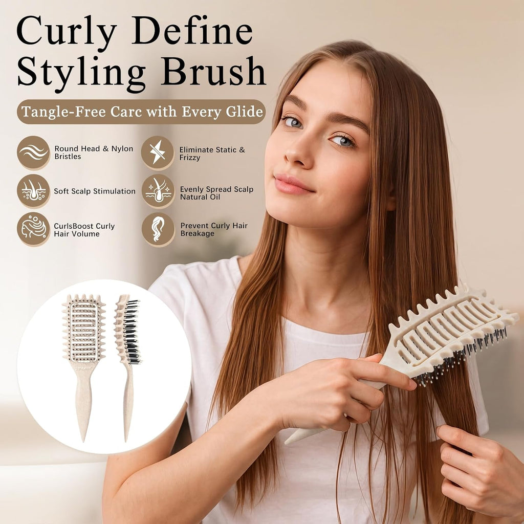 Curl Defining Brush for Curly Hair, Vented Detangling Hair Brush for Wet and Dry Styling, Curved Brush for Shaping and S