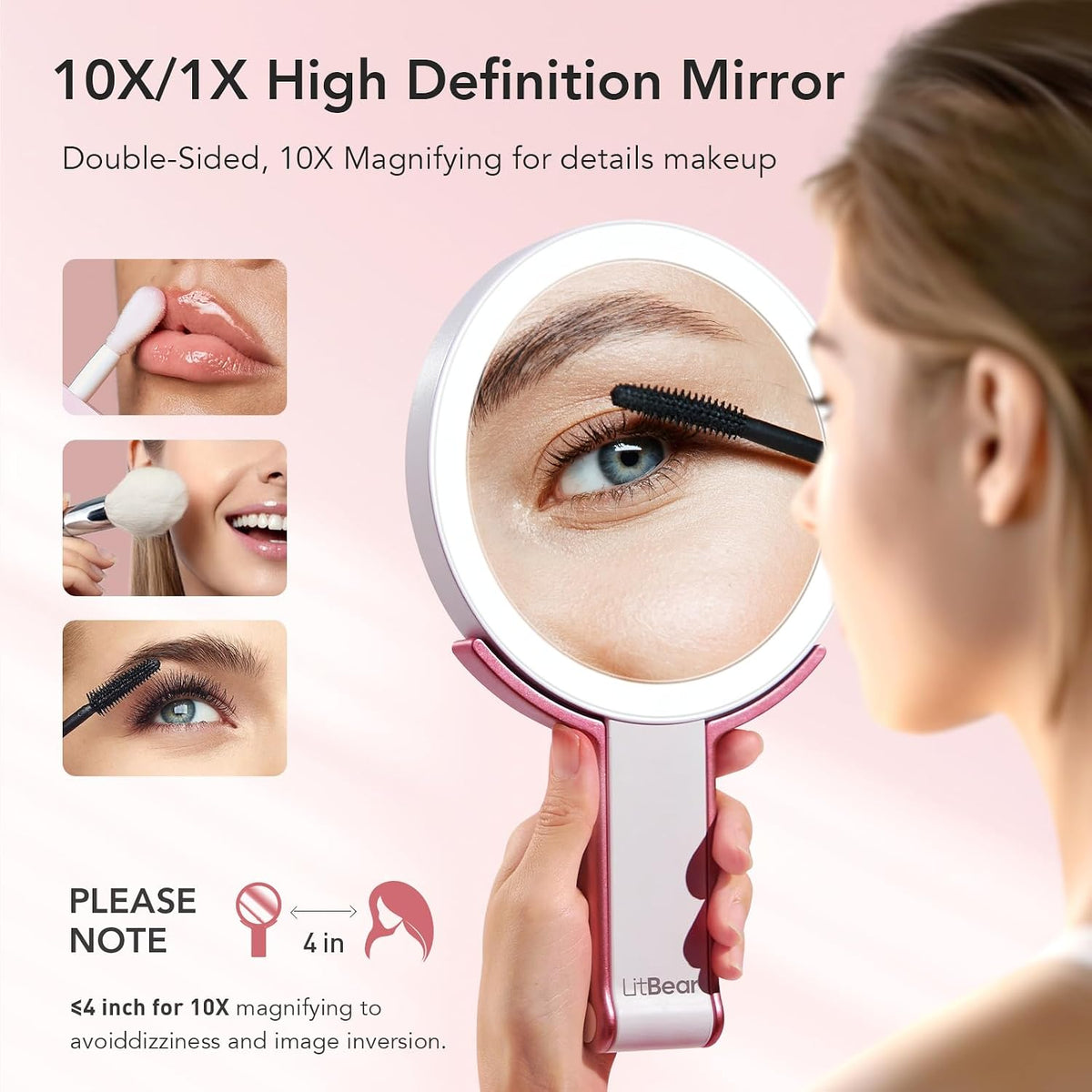 LitBear Travel Makeup Mirror with Lights, Rechargeable Double-Sided 10X/1X Magnifying Mirror, Portable Lighted Beauty Mi