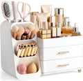 HBlife Makeup Organizer with Brush Holder for Vanity, Large Plastic Bathroom Countertop Organizer Skin Care Storage, Eas