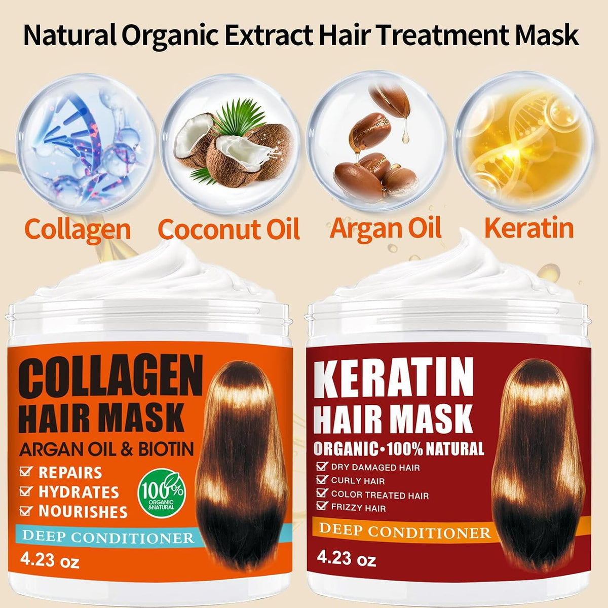 2 Pack Collagen Hair Mask & Keratin Hair Mask,Keratin Hair Treatment,Deep Conditioning Hair Mask for Damaged Hair,Hydrat