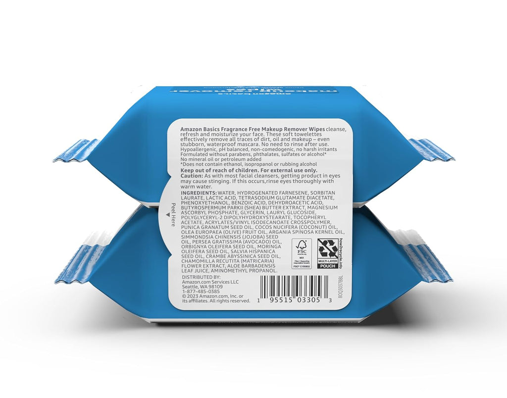 Amazon Basics Makeup Remover Wipes, Formulated without Fragrance and Alcohol-Free, Gentle Cleansing, Removes Waterproof 
