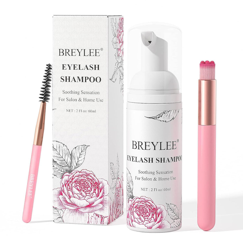 BREYLEE Eyelash Extension Cleanser Shampoo Foam & 2 Brushes, 60ml, 2 fl oz