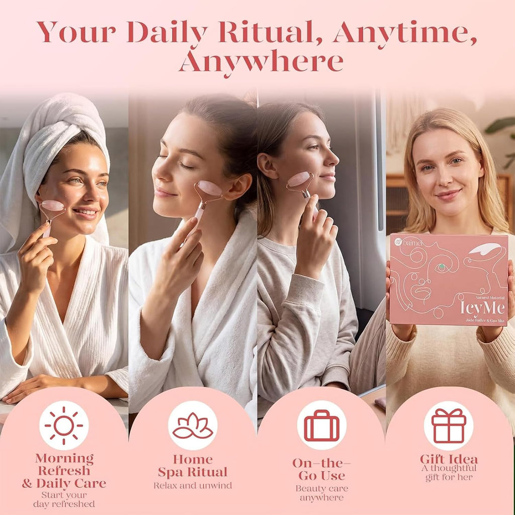 BAIMEI IcyMe Rose Quartz Roller & Gua Sha Facial Tool Set for Depuffing