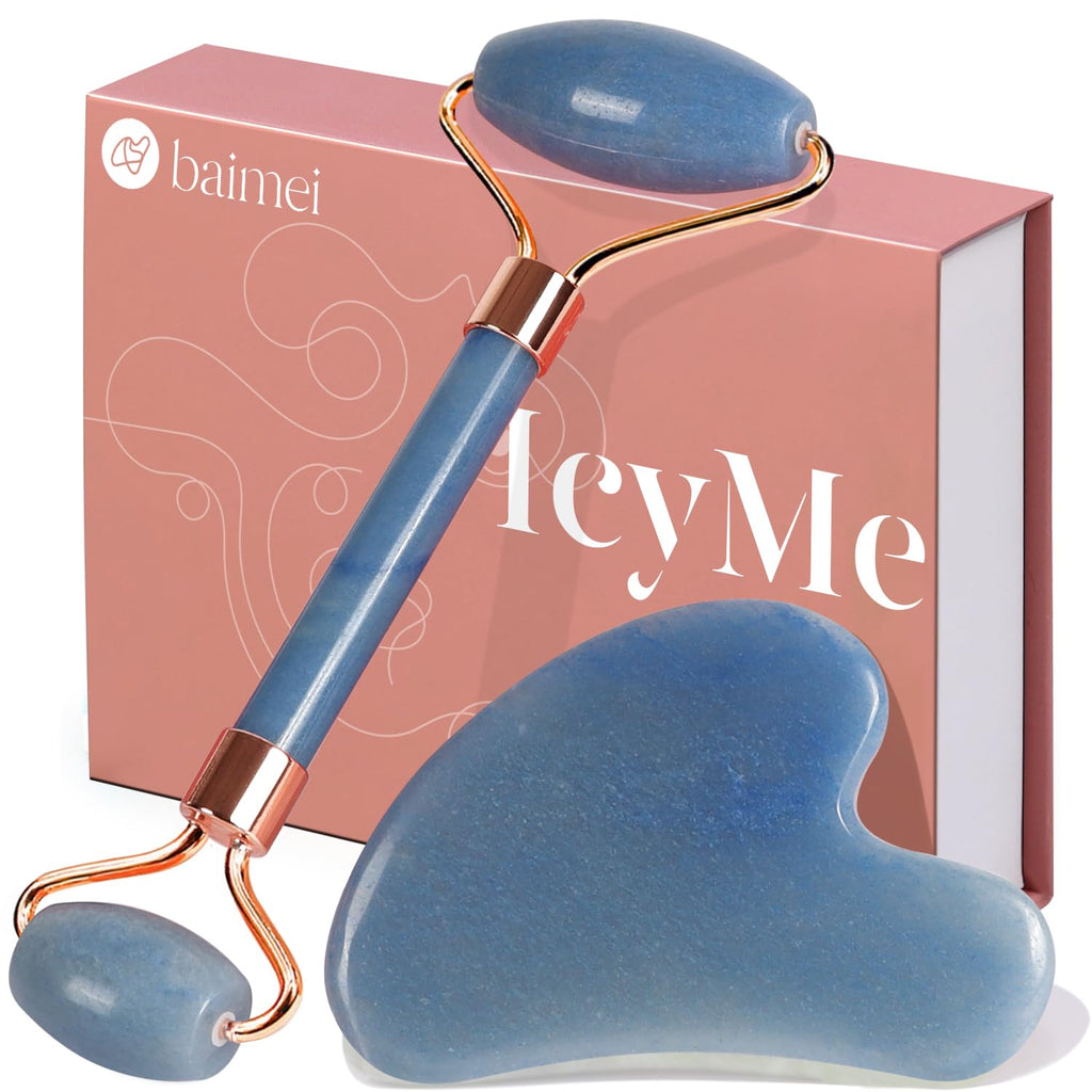 BAIMEI IcyMe Rose Quartz Roller & Gua Sha Facial Tool Set for Depuffing
