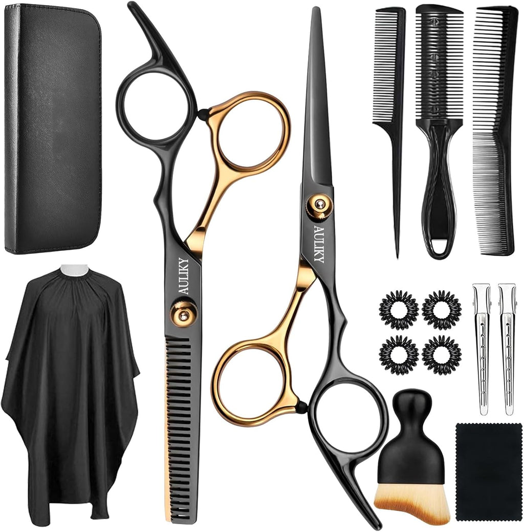 AULikY Hair Cutting Scissors Shears Kits, 15 Pcs Professional Stainless Steel Hairdressing Shears Set Thinning Scissors 