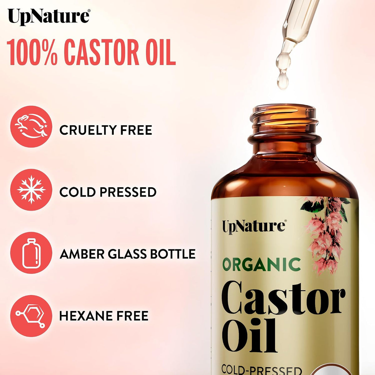 UpNature Castor Oil Eyelash & Eyebrow Growth Serum, USDA Organic, 2oz