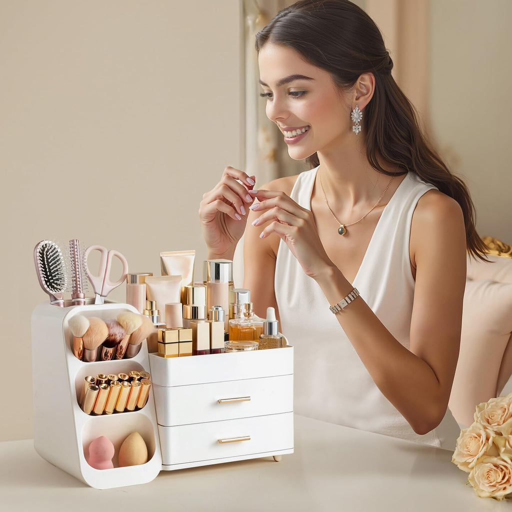 HBlife Makeup Organizer with Brush Holder for Vanity, Large Plastic Bathroom Countertop Organizer Skin Care Storage, Eas