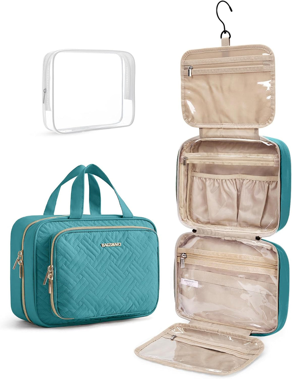 BAGSMART Toiletry Bag Hanging Travel Makeup Organizer with TSA Approved Transparent Cosmetic Bag Makeup Bag for Full Siz