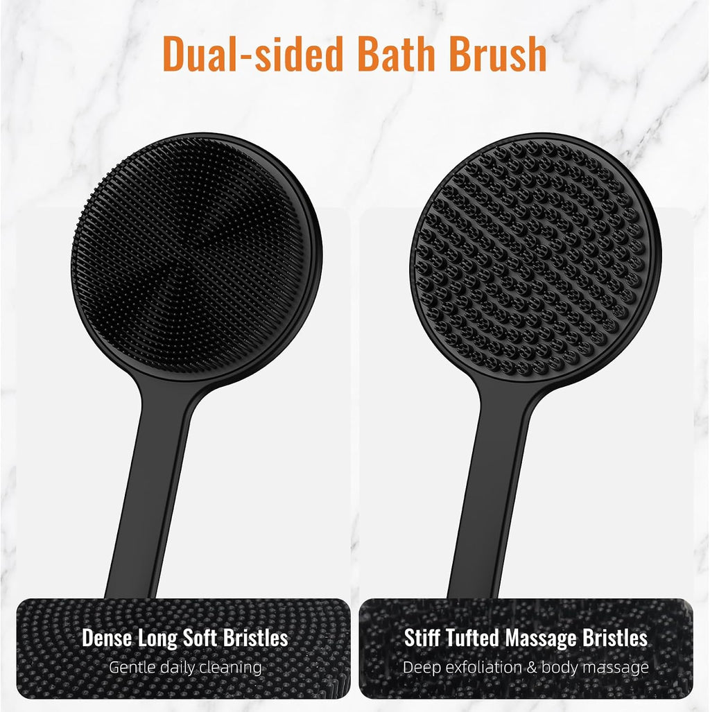 Silicone Back Scrubber for Shower, 17in Lengthen Long Handle Body Brush, Double Sided Shower Brush for Shower Exfoliatin