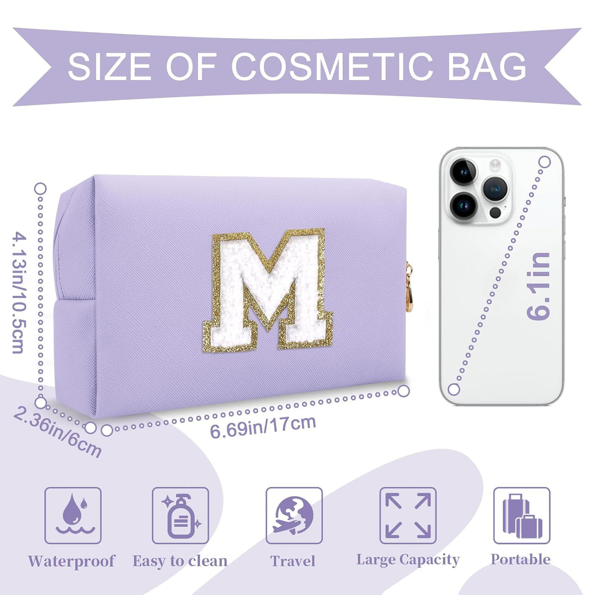 Personalized Makeup Bag Initial A-Z Preppy Patch Bag,Small PU Leather Travel Cosmetic Bag Pouch with Zipper,Purple Cute 