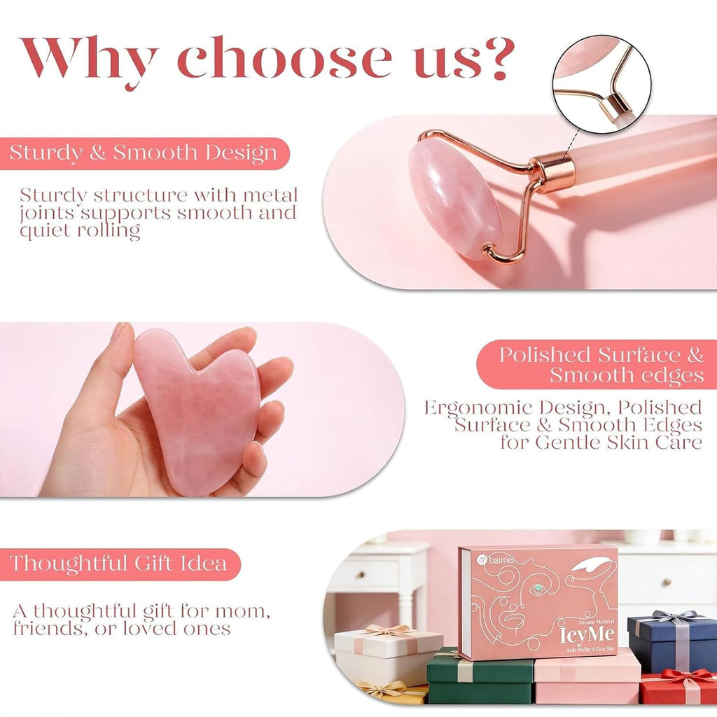 BAIMEI IcyMe Rose Quartz Roller & Gua Sha Facial Tool Set for Depuffing