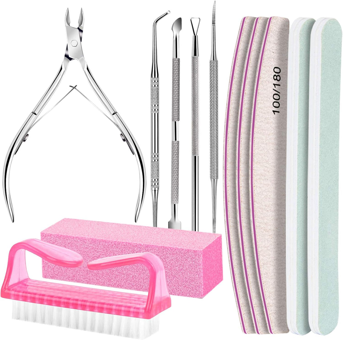 FANDAMEI Nail Care Kit, Nail Files 100/180, Nail Buffer Block, Cuticle Nippers, Cuticle Trimmer, Cuticle Pusher, Nail To