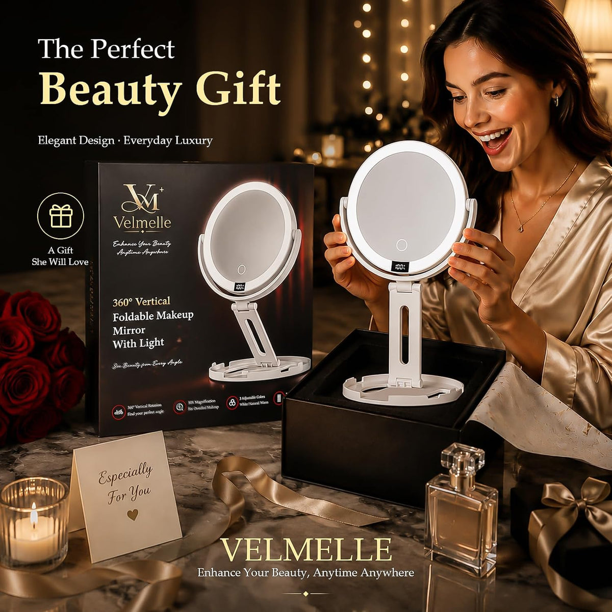 Travel Makeup Mirror with Lights, 1X/30X Double-Sided Magnifying Mirror