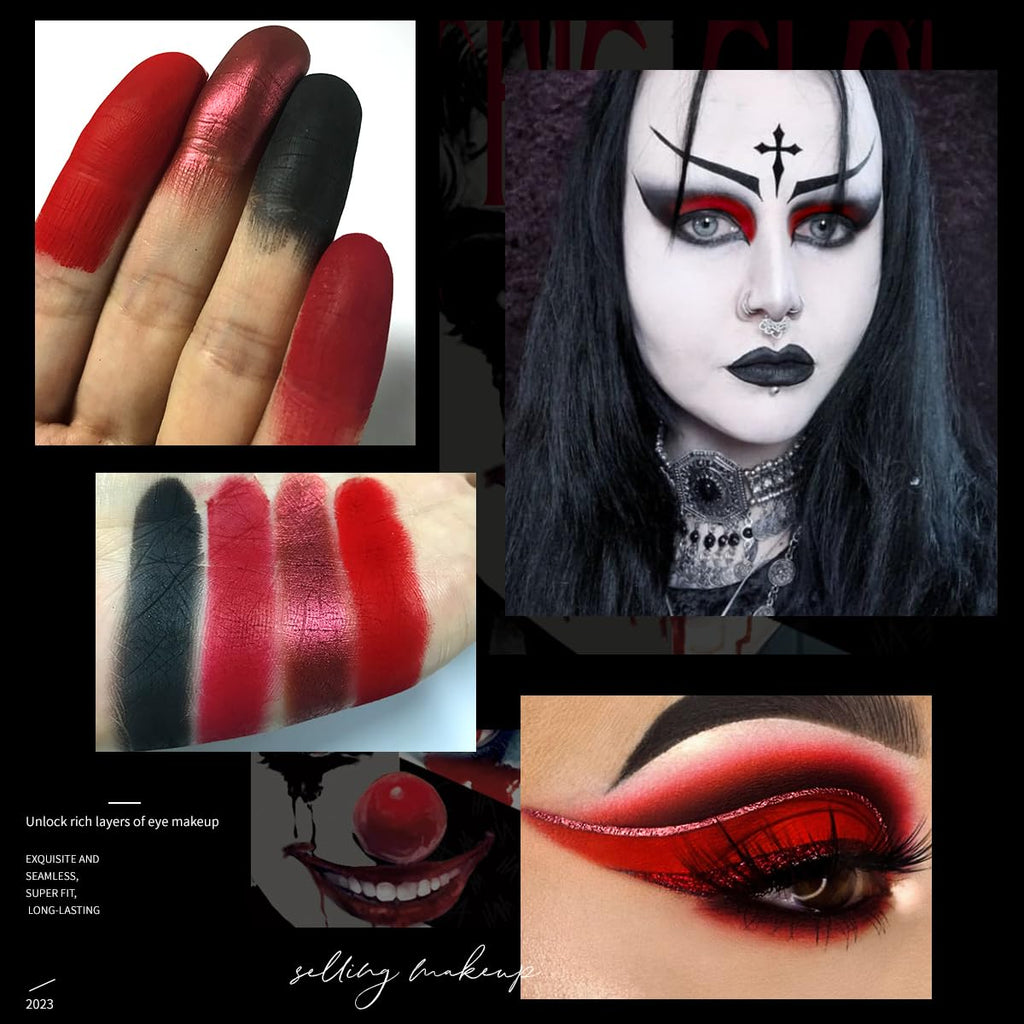 Red Goth Eyeshadow Palette - 9 Colors True Hot Red Black Eye Shadows | Halloween Glitters Makeup | Matte Shimmer High Pi
