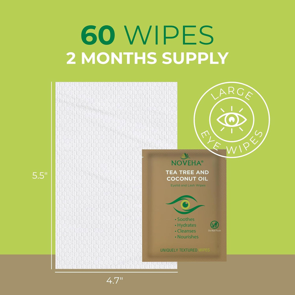 NOVEHA 60PCs Tea Tree & Coconut Oil Eyelid & Lash Wipes - For Demodex, Blepharitis & Itchy Eyes, Individually Wrapped Ey