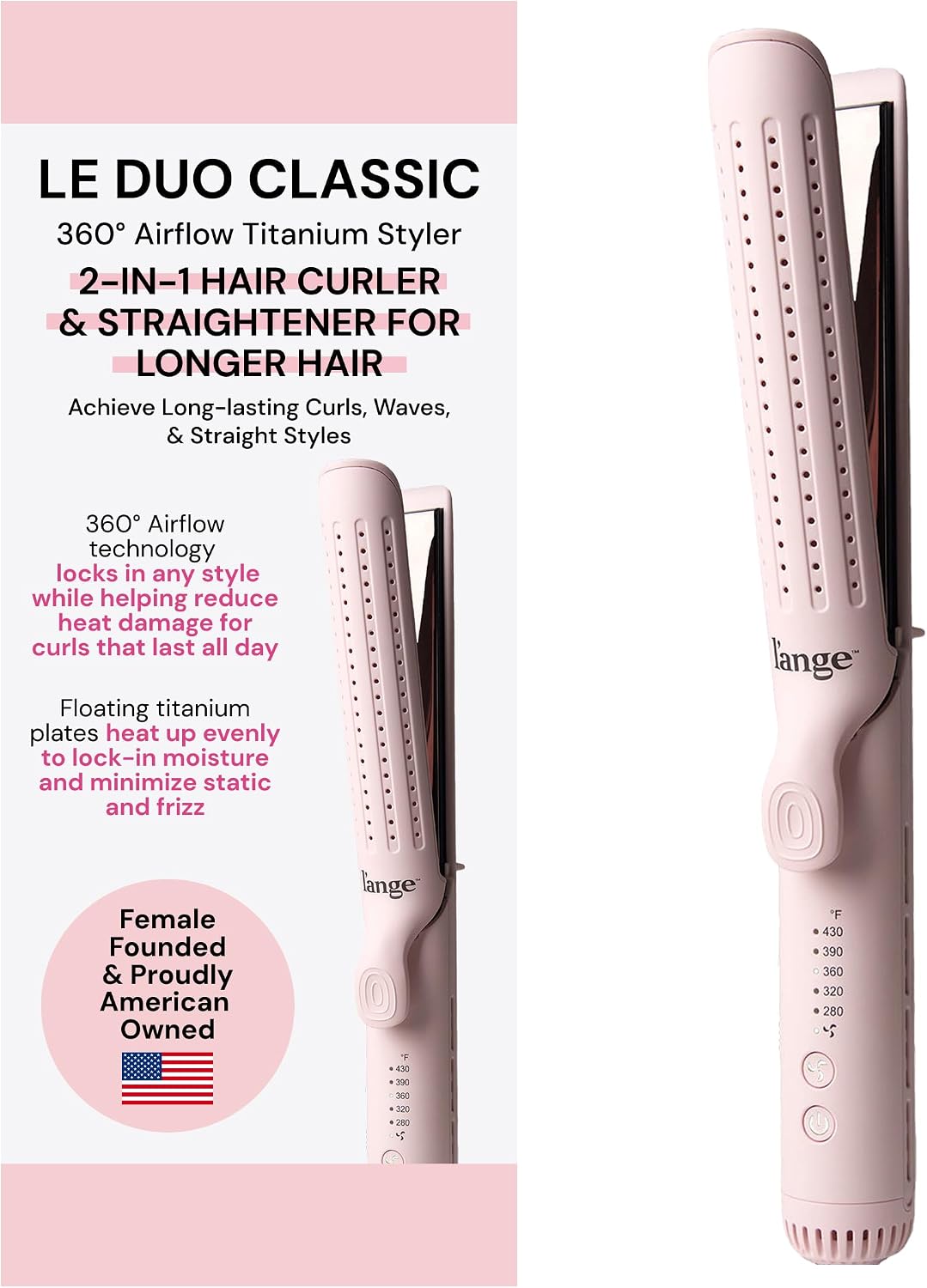 L'ange Hair Le Duo Grande 360° Airflow Styler | Curl & Straighten with One Tool | 5.3" Snag-Free Titanium Plates | Cooli
