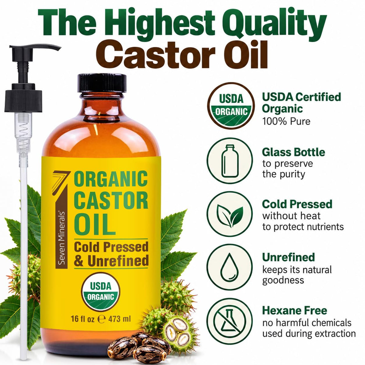 Seven Minerals USDA Organic Castor Oil - Big 16 oz Glass Bottle with Pump - 100% Pure Cold Pressed Unrefined Hexane Free