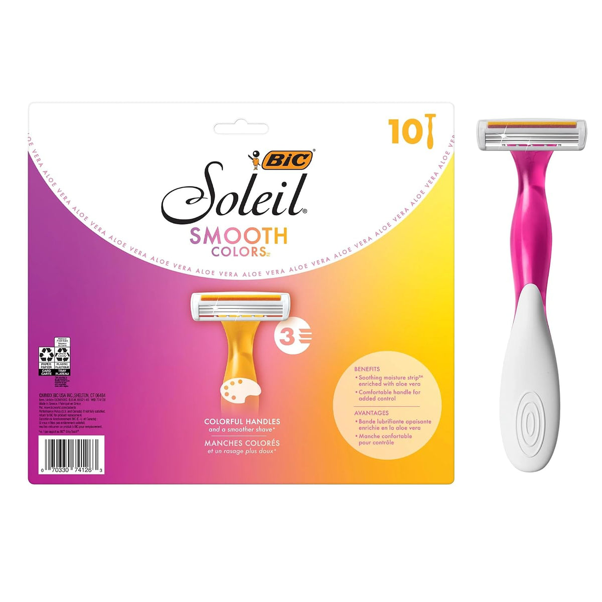 BIC Soleil 3 Colors Women's Disposable 3-Blade Razors, Aloe Vera Strip, College Dorm Room Essential, Shower Caddy and To