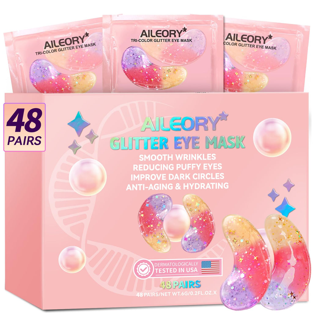 Under Eye Patches (24 Pairs) - Tri-color Glitter Eye Gel Pads for Dark Circles, Puffy Eyes, Under eye Bags, Wrinkles | N