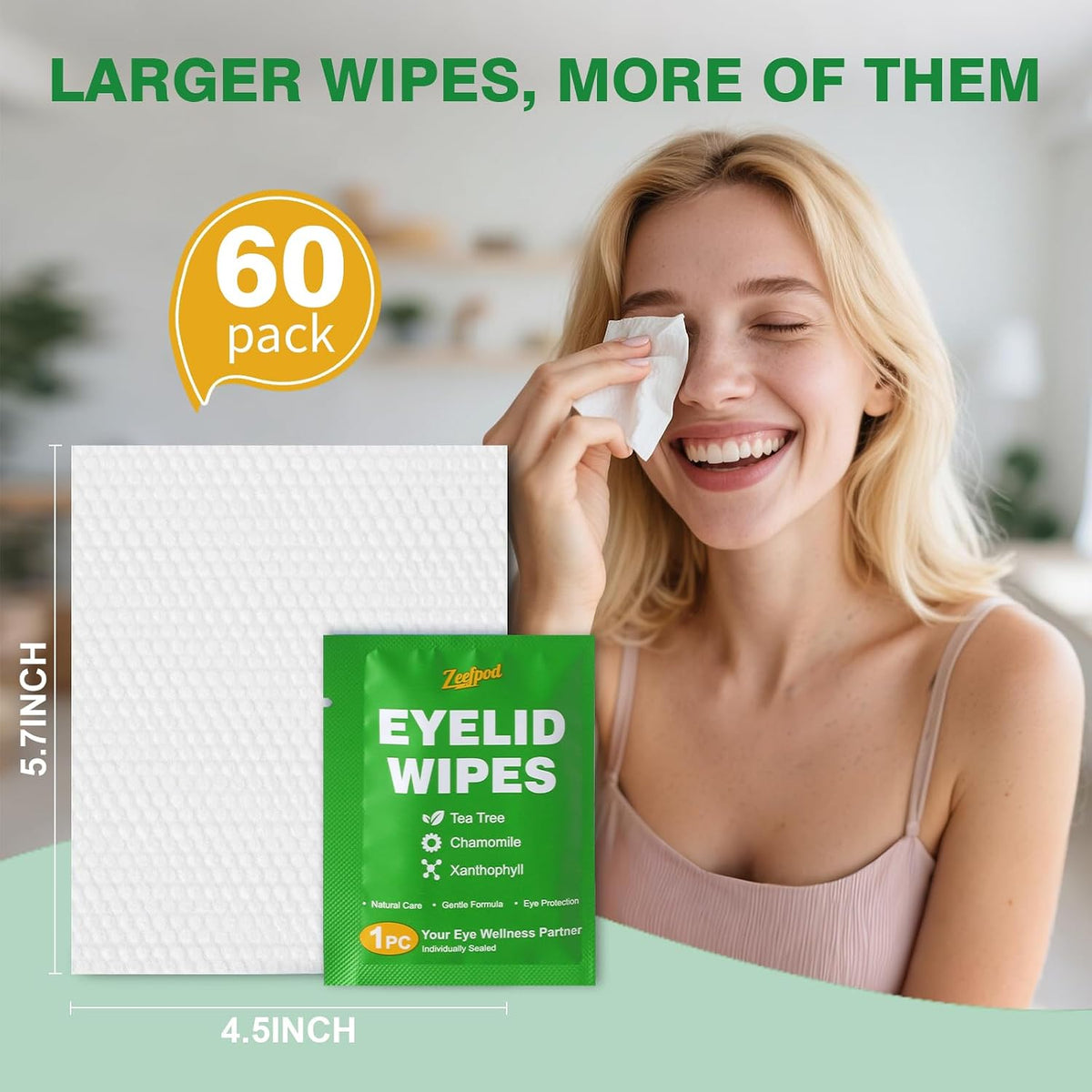 60PCS Tea Tree Oil Eyelid Wipes – Individually Wrapped Eye Lid Cleaning Wipes，Soothing For Sensitive Eyes, Stay Hydrated