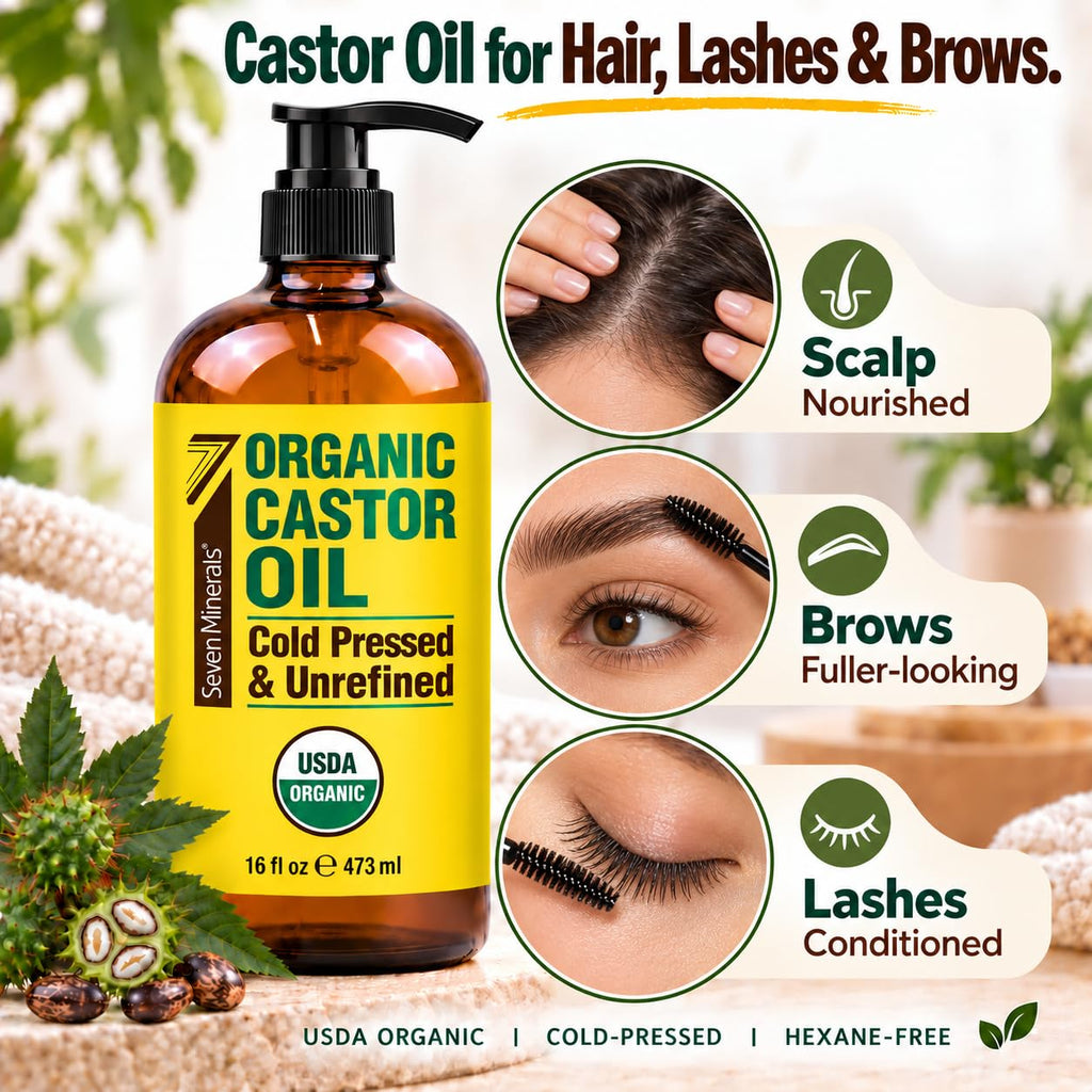 Seven Minerals USDA Organic Castor Oil - Big 16 oz Glass Bottle with Pump - 100% Pure Cold Pressed Unrefined Hexane Free