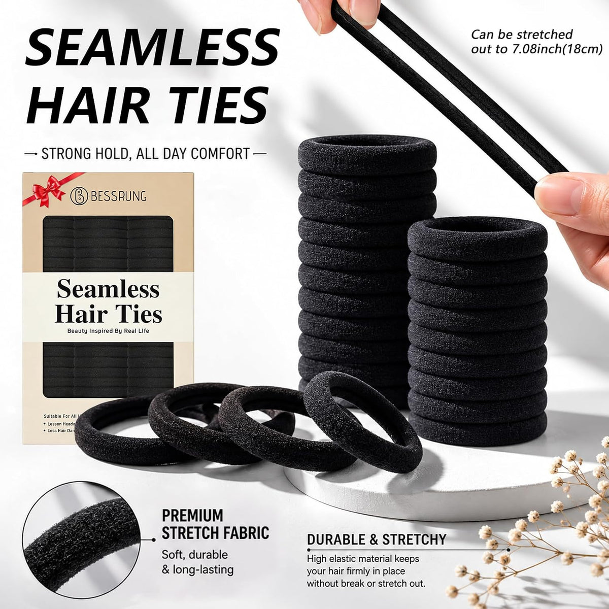 Bessrung 100PCS Black Seamless Elastic Hair Ties No Damage for Women Girls
