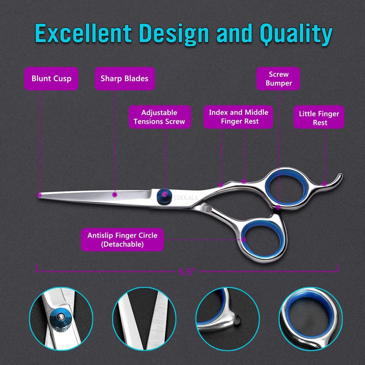 COOLALA Stainless Steel Hair Cutting Scissors 6.5 Inch Hairdressing Razor Shears Professional Salon Barber Haircut Sciss