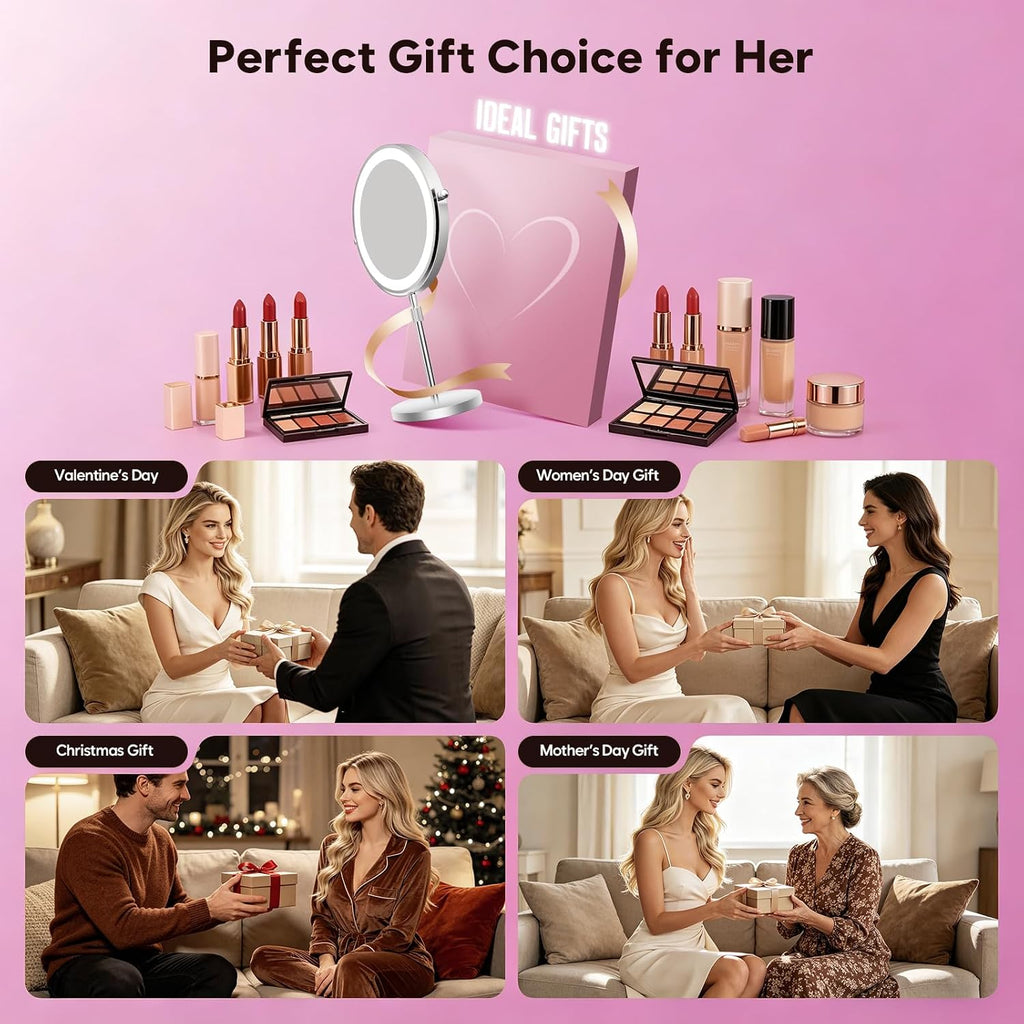 1X/20X Makeup Mirror with Lights, 9" Magnifying Mirror 5000mAh Rechargeable