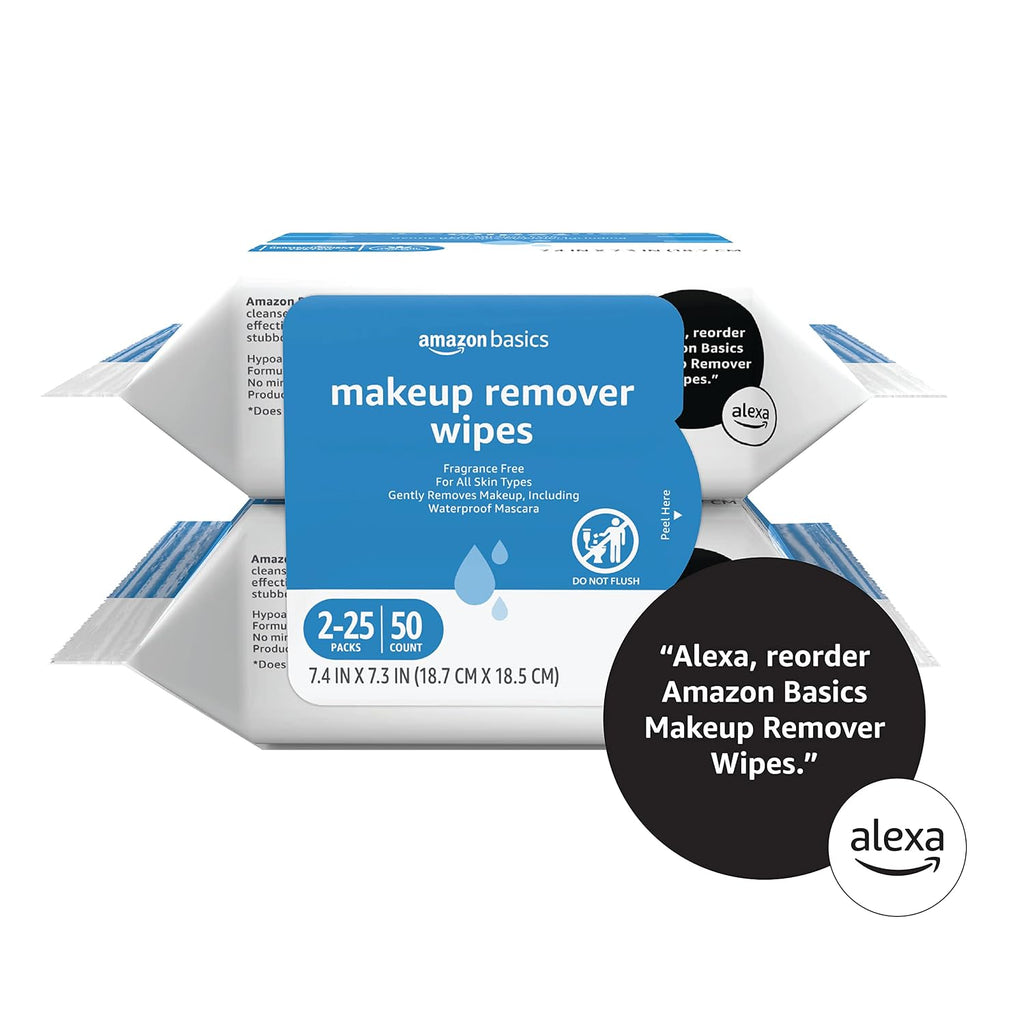 Amazon Basics Makeup Remover Wipes, Formulated without Fragrance and Alcohol-Free, Gentle Cleansing, Removes Waterproof 
