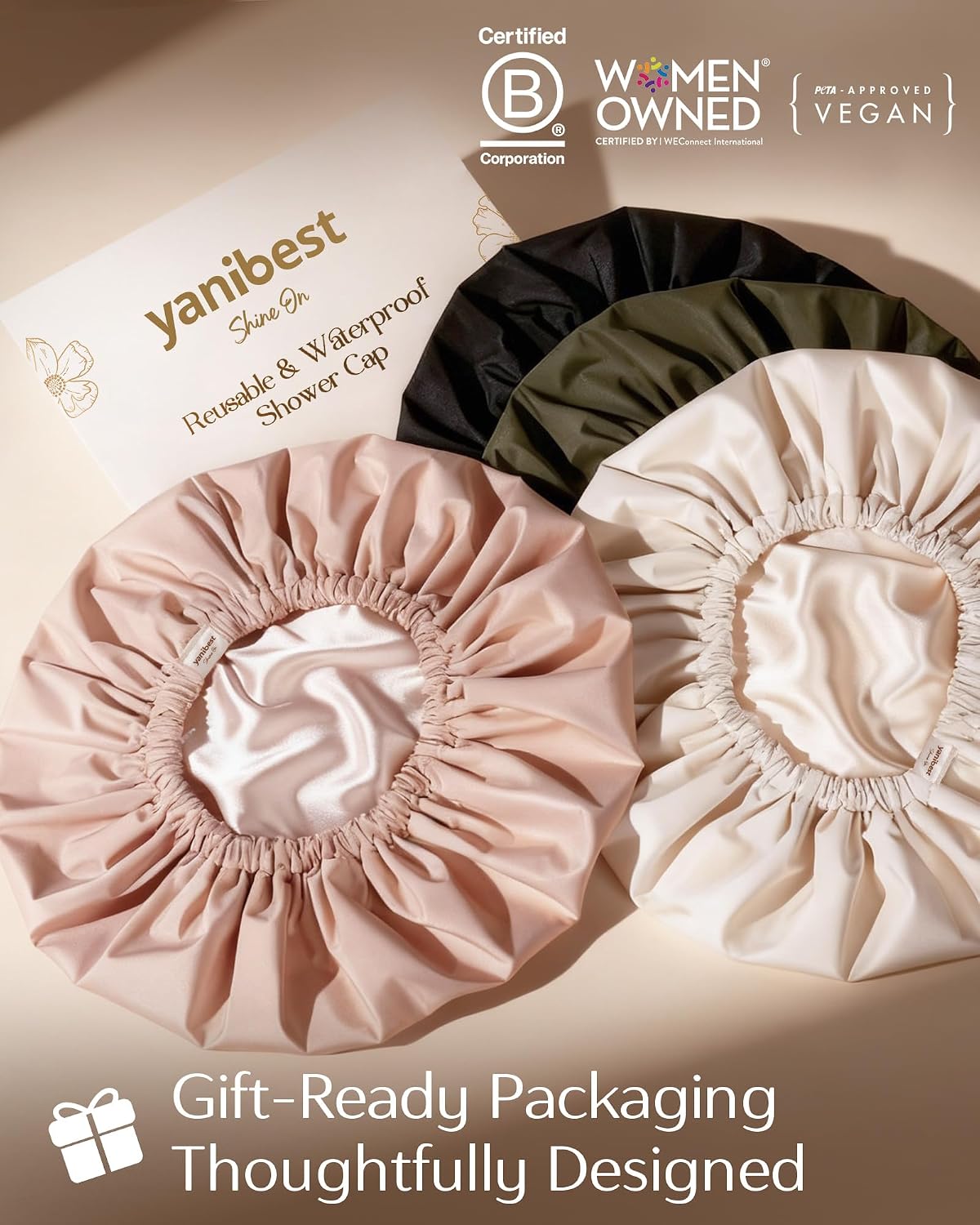 Yanibest Satin Lined Shower Cap, Reusable Waterproof Shower Caps for Women