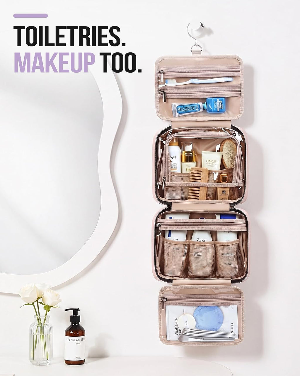 NISHEL Travel Toiletry Bag for women, Portable Hanging makeup Organizer