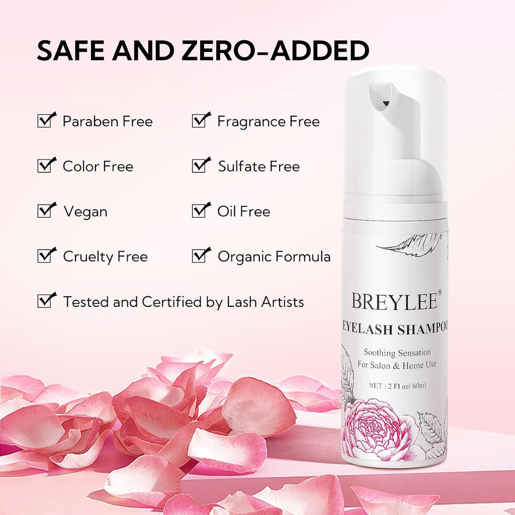 BREYLEE Eyelash Extension Cleanser Shampoo Foam & 2 Brushes, 60ml, 2 fl oz